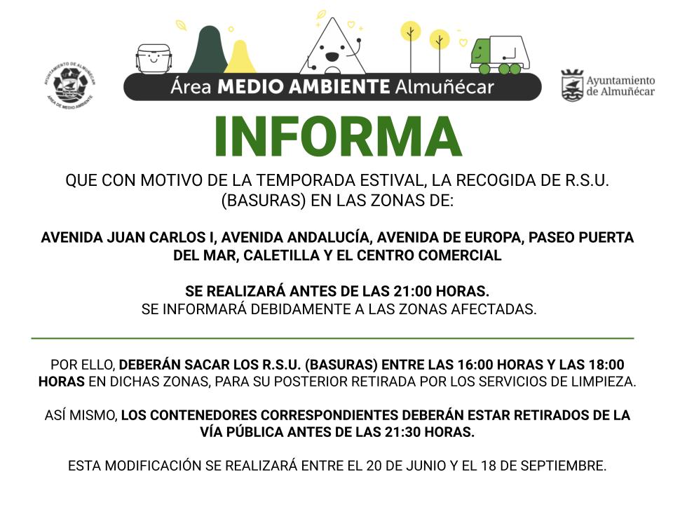 El lunes 20 comienza en Almuñécar-La Herradura el horario de verano en la recogida de basura en el centro